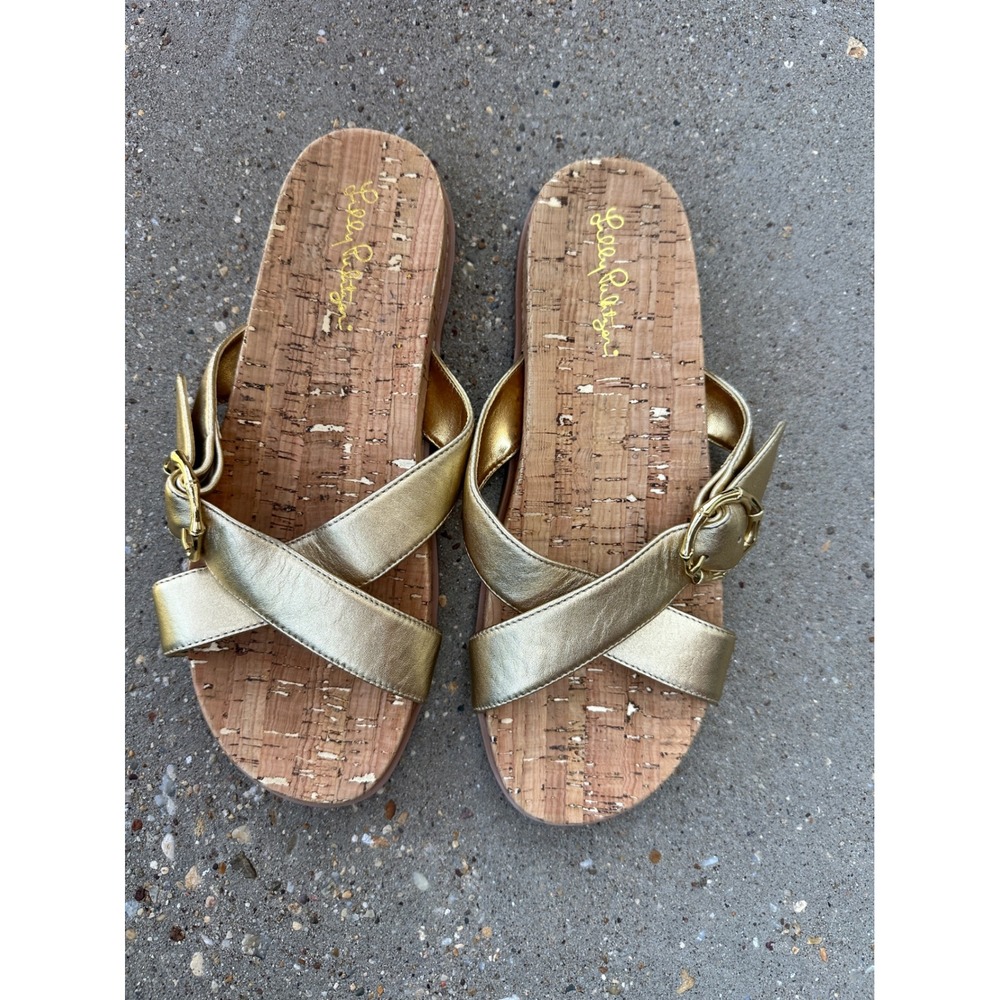 Lilly Pulitzer Bayshore Sandals Gold Metallic Leather Cork Slides Women's Size 9 - Picture 3 of 6
